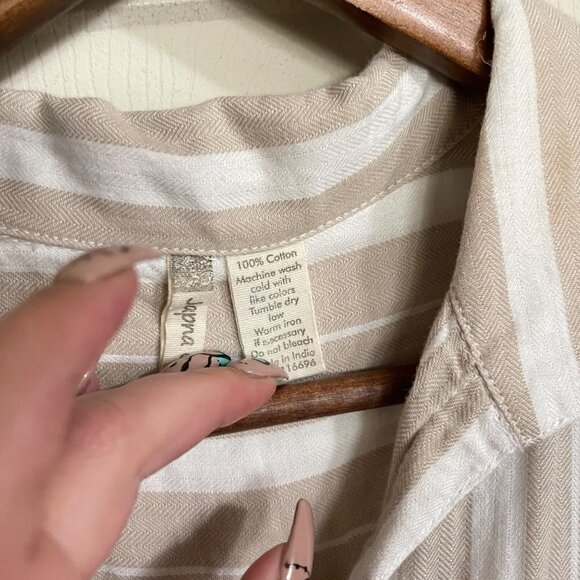 Japna Womens Cream Tan Striped Drawstring Waist Pockets Mini Shirt Dress Small - Picture 3 of 8